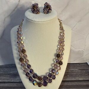 Vintage Elegant Purple & Gold Beaded Necklace and Clip on Earring Set